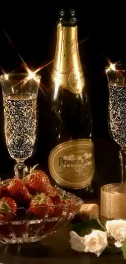 Champagne bottle with strawberries and glasses in an elegant setting.