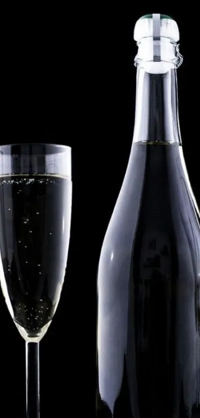 Champagne bottle and glass on black background.