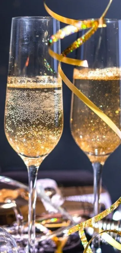 Champagne glasses with festive ribbons and golden bubbles.