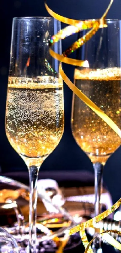 Champagne glasses with gold ribbon on dark background.