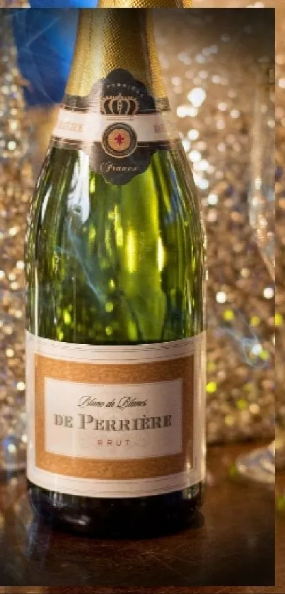 Champagne bottle with crystal glasses in a golden festive setting.