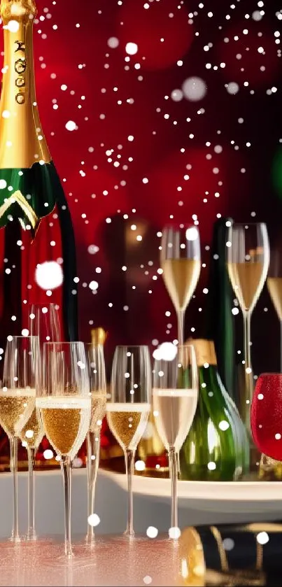 Champagne celebration with glasses and festive lights.