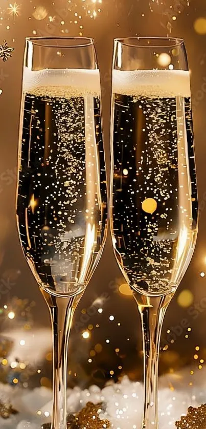 Two champagne glasses with golden bubbles against a festive background.