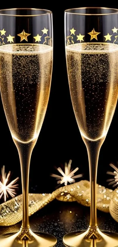 Elegant champagne flutes surrounded by golden stars and sparkling highlights.