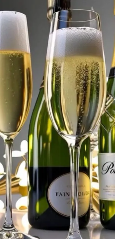 Elegant champagne glasses and bottles scene for mobile wallpaper.
