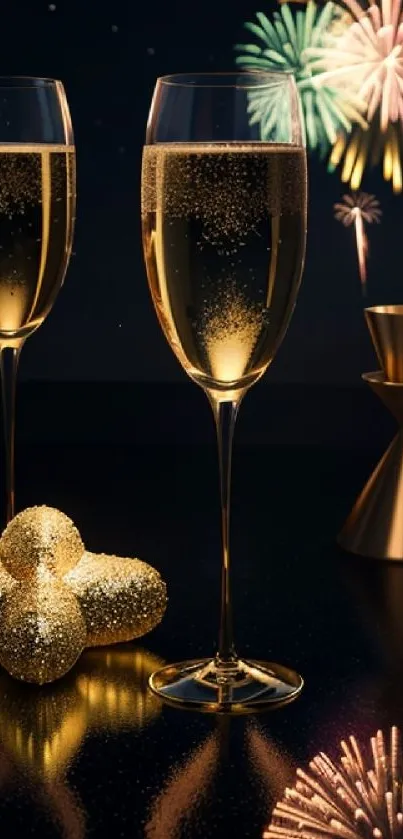 Champagne glasses with fireworks in the background, perfect for a festive celebration.