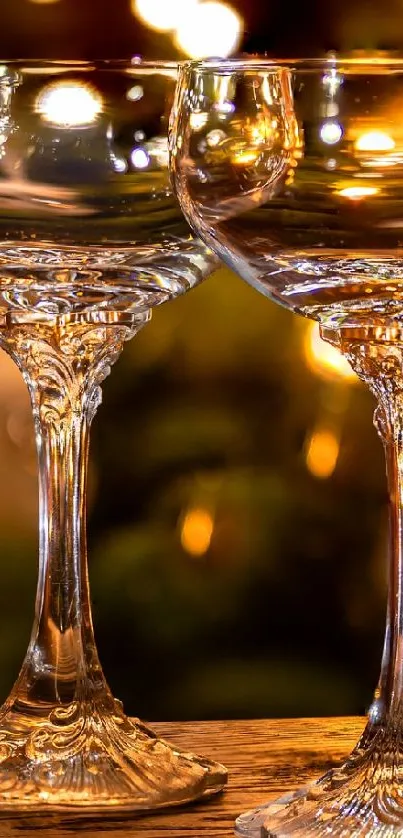 Champagne glasses with golden bokeh lights. Perfect festive wallpaper.