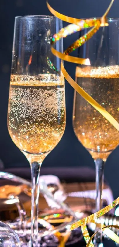 Elegant champagne glasses with bubbles and ribbon.