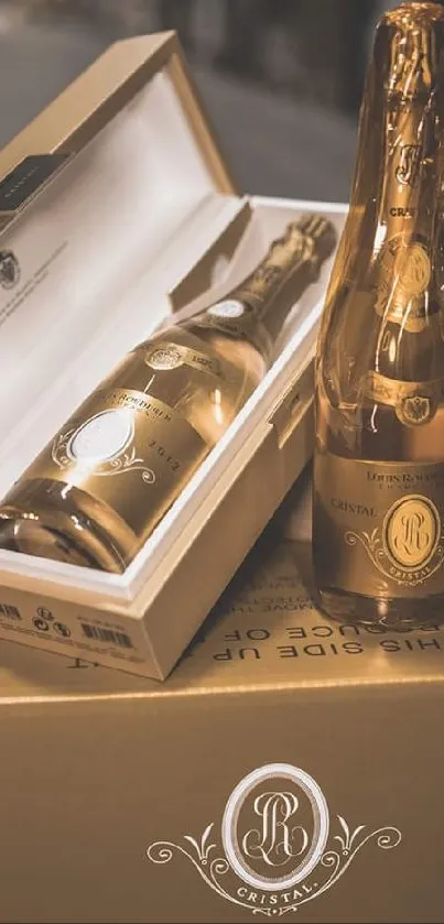 Luxurious champagne bottles in an elegant gold display box.