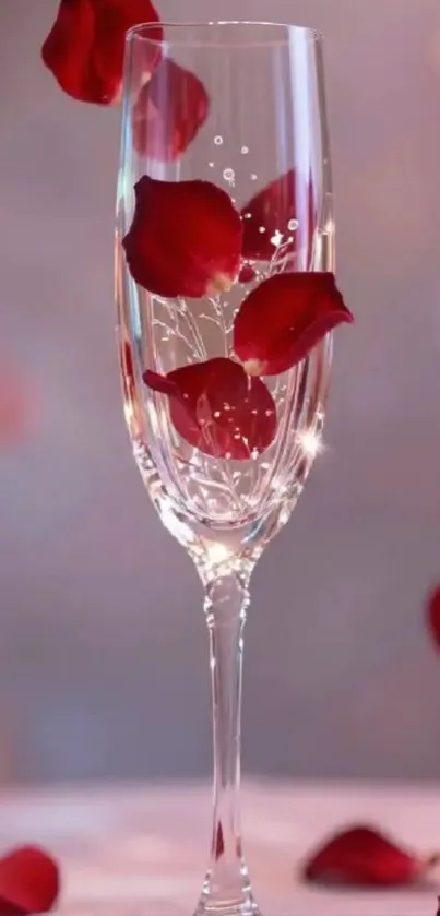 Champagne glass with red rose petals art