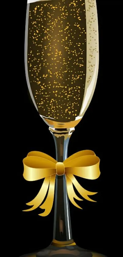 Champagne glass with bubbles and golden bow, set on a black background.