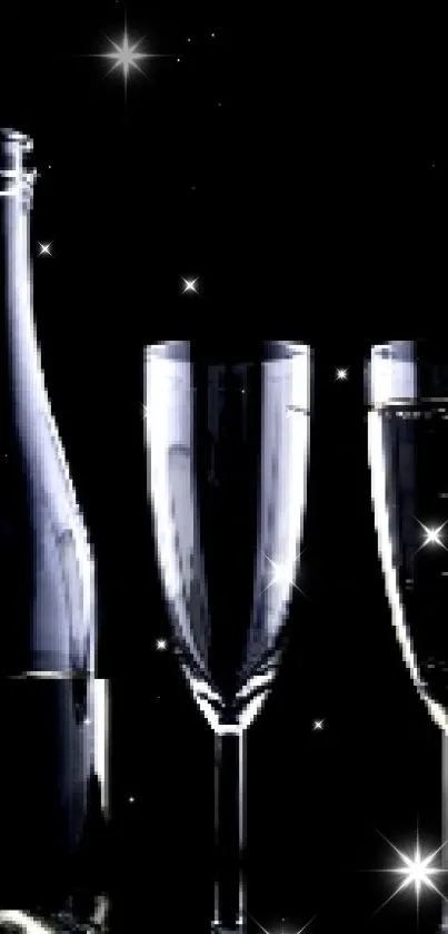 Elegant lineup of champagne bottles and glasses on a black background.