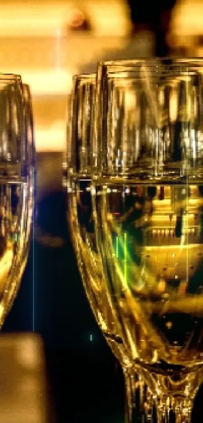 Elegant golden champagne glasses with warm reflections.