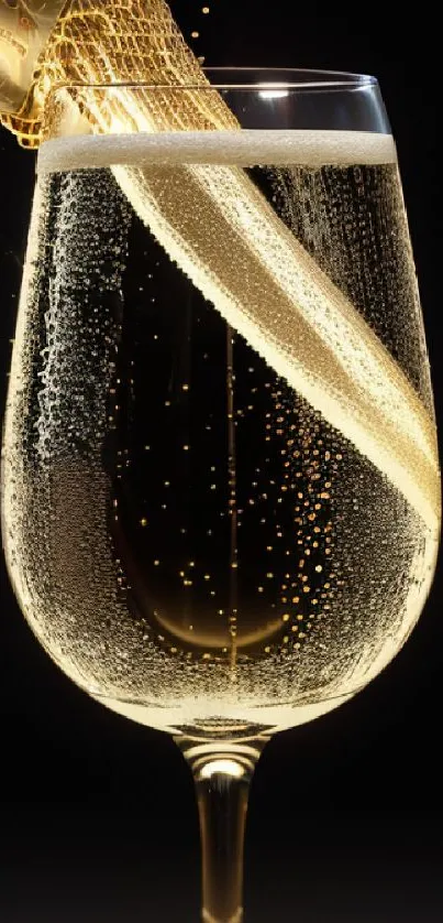 Champagne being poured into a glass with golden bubbles on a dark background.