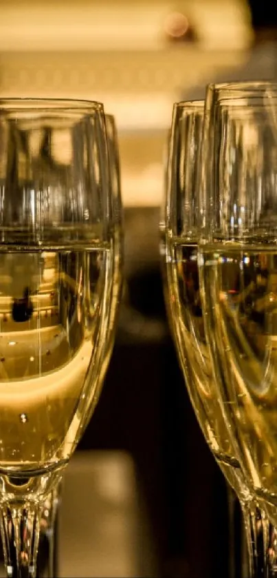 Rows of elegant champagne glasses in soft golden light.