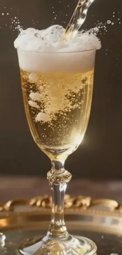 Champagne being poured into a flute with bubbles.