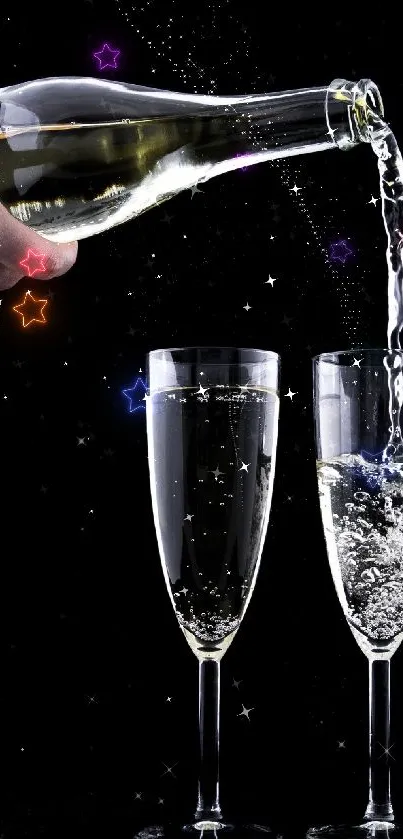 Champagne being poured into glasses on a black background.