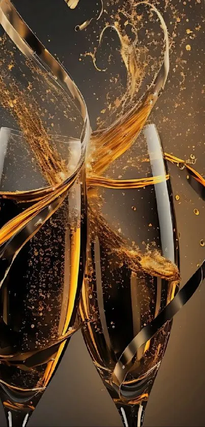 Elegant champagne splash with golden bubbles on black background.