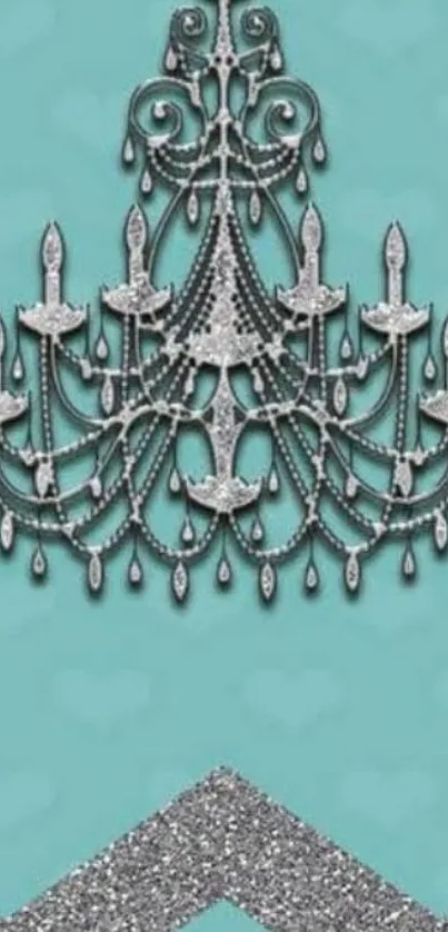 Elegant chandelier on teal with glitter chevron design.