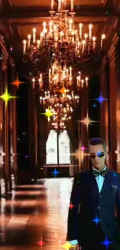 Luxurious hallway with chandeliers and a man in a suit.