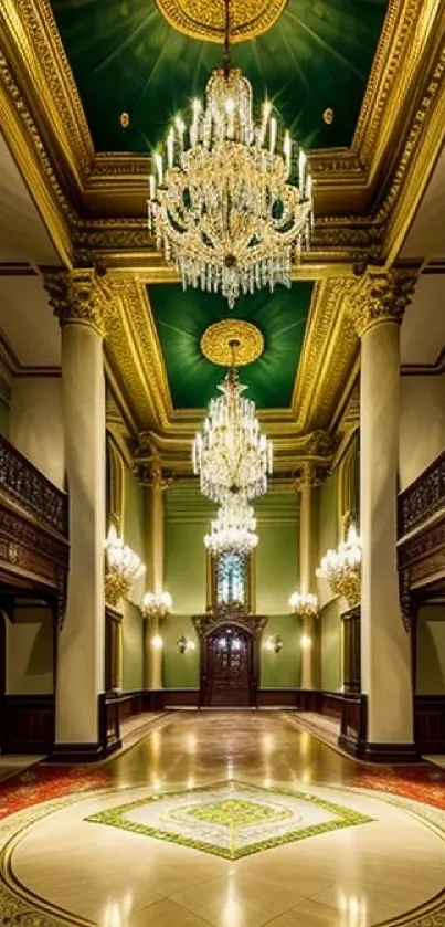 Luxurious hallway with chandeliers and green ceiling.