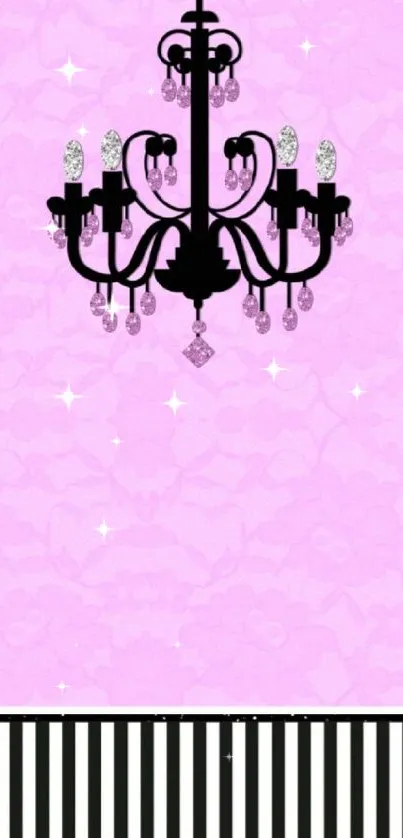 Pink wallpaper with chandelier and stripes.