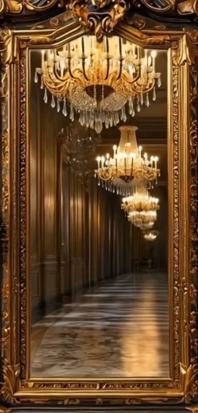 Opulent mirror with chandelier reflection and ornate golden frame.