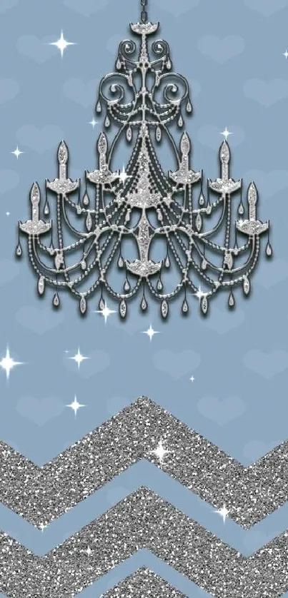 Elegant chandelier on a blue background with glitter chevron patterns.