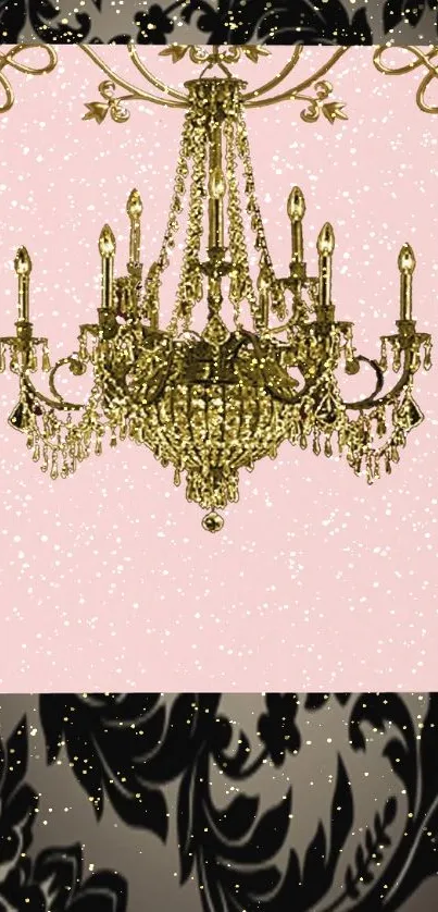 Elegant gold chandelier on pink background with black floral design.