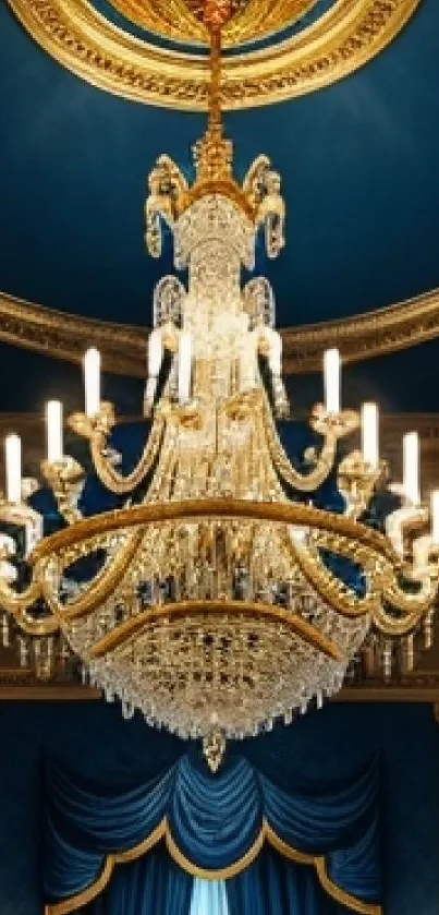 Luxurious chandelier with blue and gold accents in elegant setting.