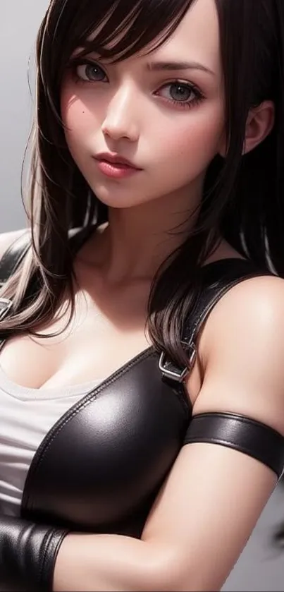 3D female character art with dark hair in a leather outfit for mobile wallpaper.