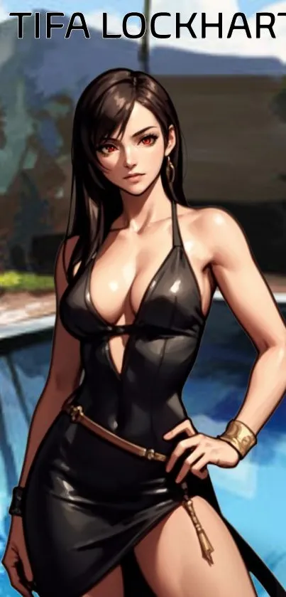 Elegant character art wallpaper with a woman by the pool.