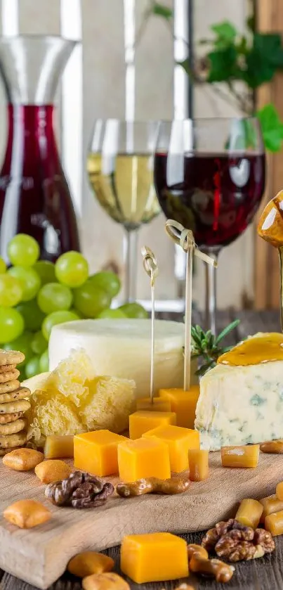 Gourmet cheese and wine display with grapes, nuts, and honey on rustic wood.