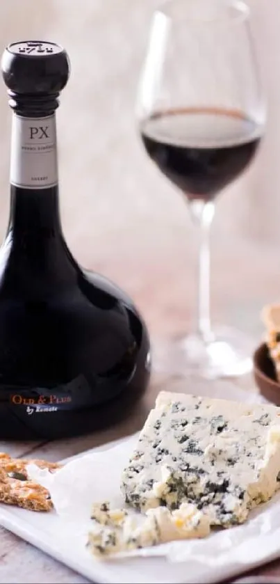 Gourmet cheese and wine setup with crackers on rustic table.