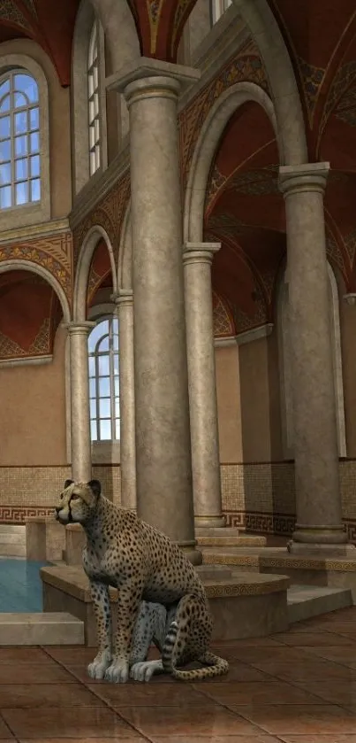 Wallpaper of a cheetah in an elegant palace with arches.