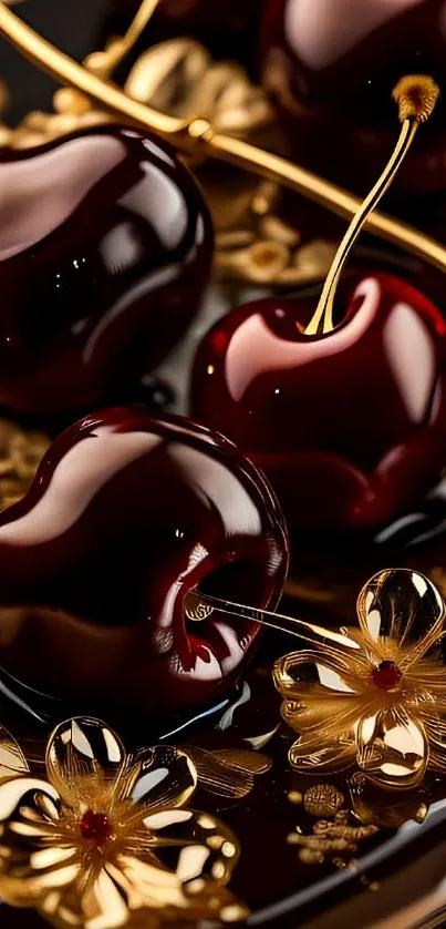 Cherries with gold floral decoration wallpaper.