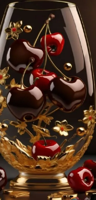 Artistic cherries and gold in a glass vase design wallpaper.