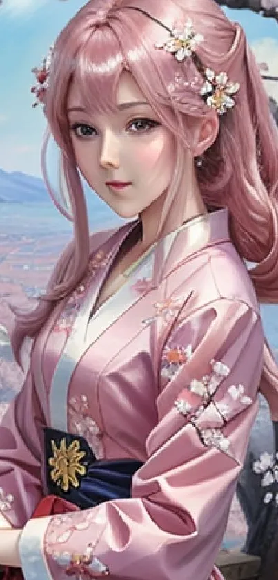 Anime character in pink traditional attire with cherry blossoms.