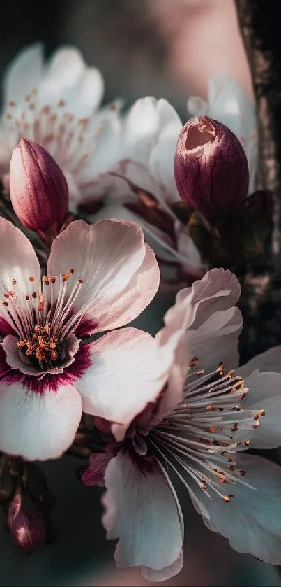 Close-up of cherry blossoms in soft focus with pink petals and a dark background.