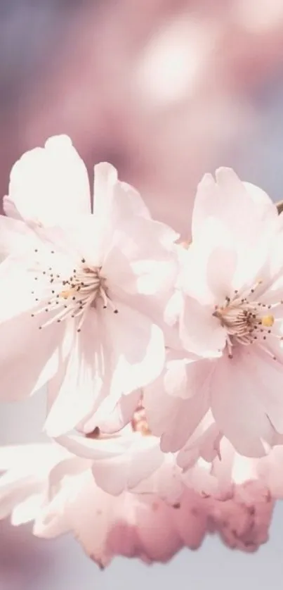 Delicate cherry blossoms with light pink petals on a soft, dreamy background.