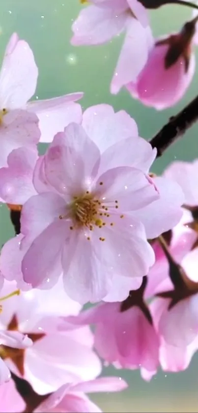 Pink cherry blossoms on a branch against a soft green background.