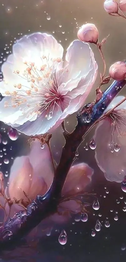 Cherry blossom with dew drops, elegant mobile wallpaper.