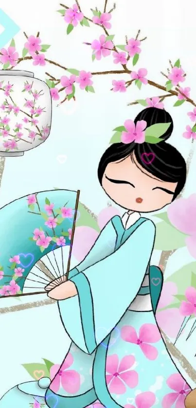 Geisha with fan amongst cherry blossoms on a light blue background.