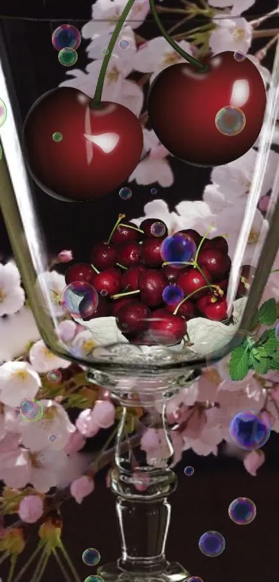 Cherry blossoms with cherries in glass and bubbles mobile wallpaper.