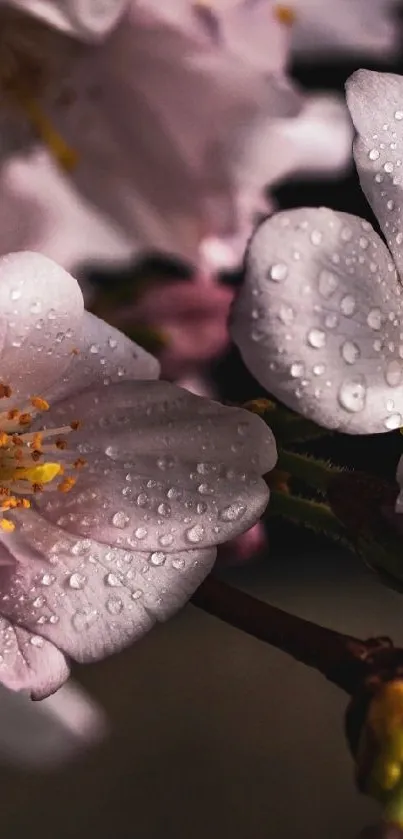 Elegant cherry blossom wallpaper with pink petals and water droplets.