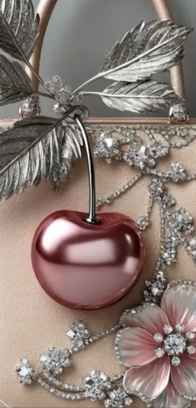 Luxurious cherry and floral design with silver accents on a stylish mobile wallpaper.