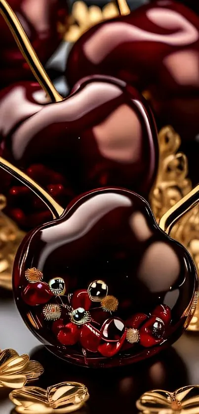 Glossy cherries with gold accents on a luxurious wallpaper design.