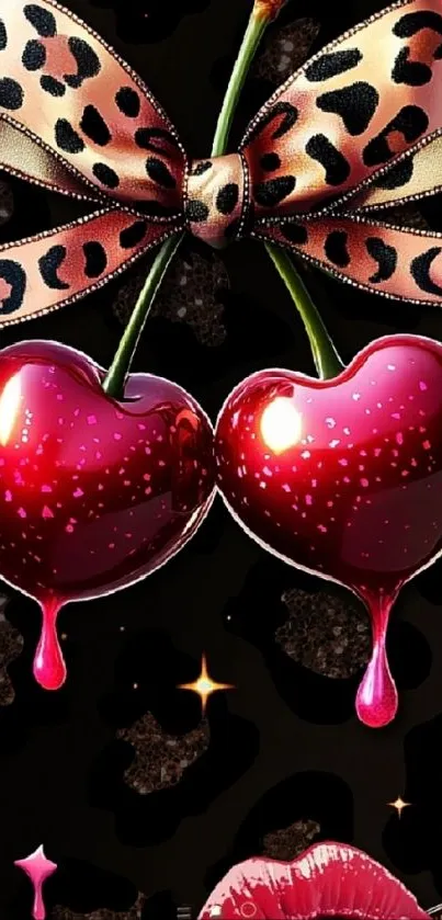 Cherry hearts with leopard bow on black background.