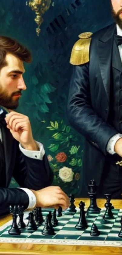 Two men play chess in suits on a vintage-style board.