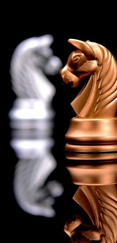 Gold chess knight with reflection on black background.